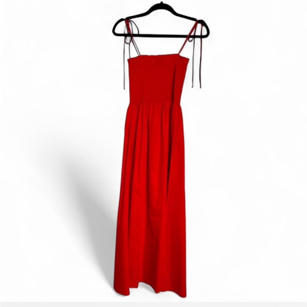 La Ligne Coral-Red Smocked Midi Dress with Tie Straps - Picture 3 of 5
